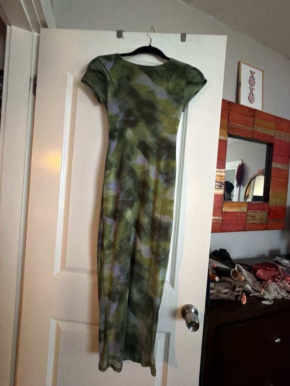 No Boundaries Juniors Short Sleeve Mesh Maxi Dress in Green Tie Dye